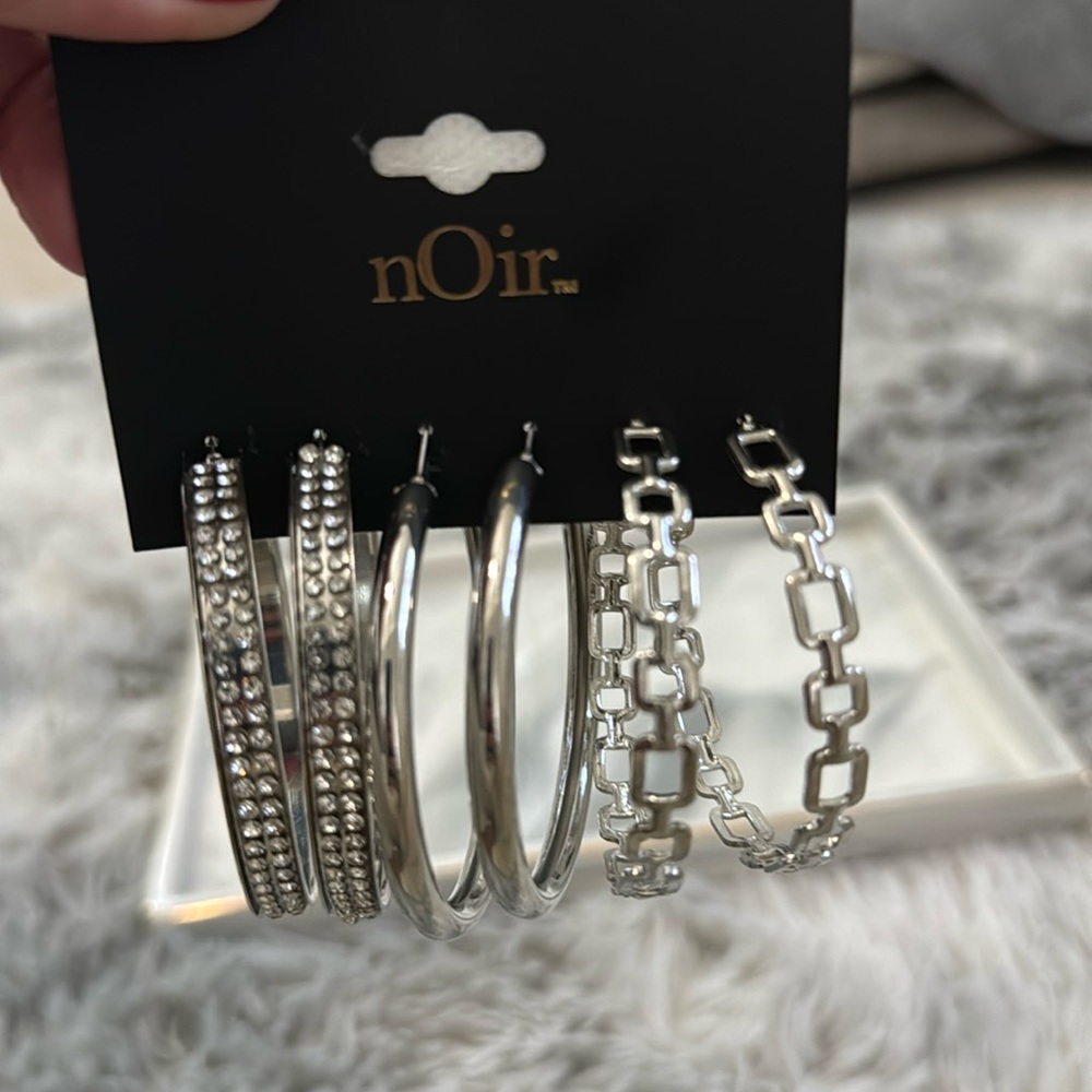 NEW nOir Jewelry Earrings 3 Set Silver Tone Fashion Hoops